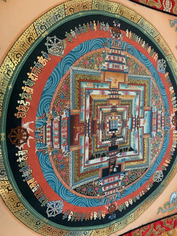 Kalachakra Mandala Thangka from Nepal Himalayas, Framed In Silk Brocade, Unique Buddhist Art, Free Prayer Flags Included