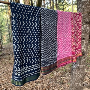 Hand Block Printed Cotton Sarong, Beach Wrap Pareo, Long Scarf, Large Sarong, Cover up, Boho Style Travel Sarong, Indigo Cotton