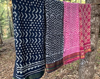 Hand Block Printed Cotton Sarong, Beach Wrap Pareo, Long Scarf, Large Sarong, Cover up, Boho Style Travel Sarong, Indigo Cotton