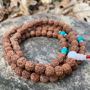 Rudraksha Seed Mala Tibetan Necklace, Handmade with Himalayan Turquoise and Moonstone, Red Thread 108 Natural Seed Beads