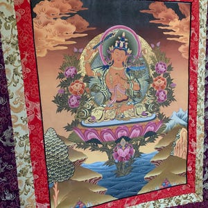Manjushri Handpainted Thangka from Nepal Himalayas, Framed In Silk Brocade, Unique Buddhist Art, Free Prayer Flags Included