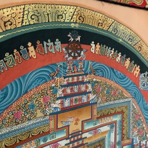 May include: A colorful mandala with intricate details and gold accents. The mandala is surrounded by a border of Tibetan script. The mandala is a symbol of the universe and is often used in meditation.