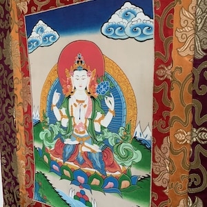 Chenrezig Thangka, 4 Armed Avalokitesvara, Handpainted Thangka from Nepal Himalayas Handmade Unique Buddhist Art, Free Prayer Flags Included