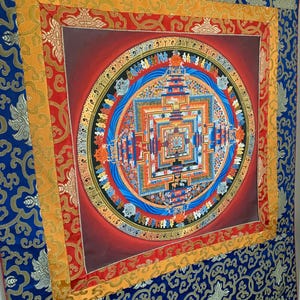 Kalachakra Mandala Thangka from Nepal Himalayas, Framed In Silk Brocade, Unique Buddhist Art, Free Prayer Flags Included
