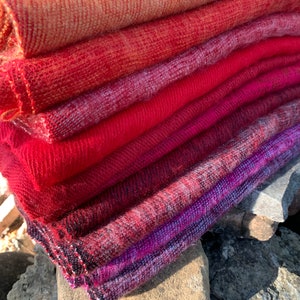 Himalayan Yak Wool Scarf - Shades of Red Pink Lavender Rose - Handwoven in Kathmandu Valley Nepal