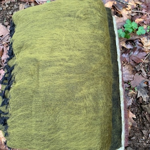 May include: A green and black fringed shawl with a white and brown border. The shawl is lying on a bed of brown leaves.