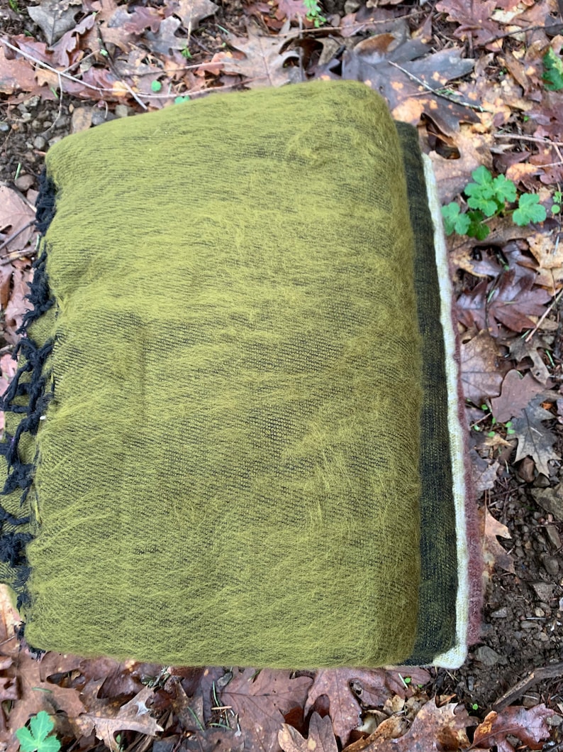 May include: A green and black fringed shawl with a white and brown border. The shawl is lying on a bed of brown leaves.