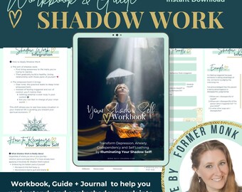May include: Digital workbook and guide titled "Shadow Work." The cover features a woman looking upwards, with text that reads "Your Shadow Self Workbook." The workbook promises to help transform depression, anxiety, codependency, and self-loathing. The image includes the text "58 Page | A4 Digital & Instant Download."