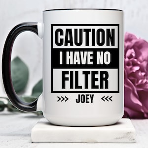 Let op, ik heb geen filtermok, grappige onstuimige geanimeerde extraverte mensen, gepersonaliseerde feestbeestbeker, cadeau voor het leven van het feest, grappenmaker