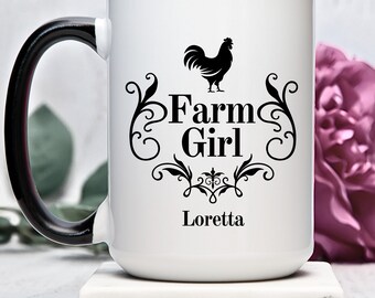 Unique Custom Farm Girl Mug with Elegant Embellishments, Perfect Gift for Her Farmhouse Style, New Farm Owner, Trendy Chicken Homeowner Gift