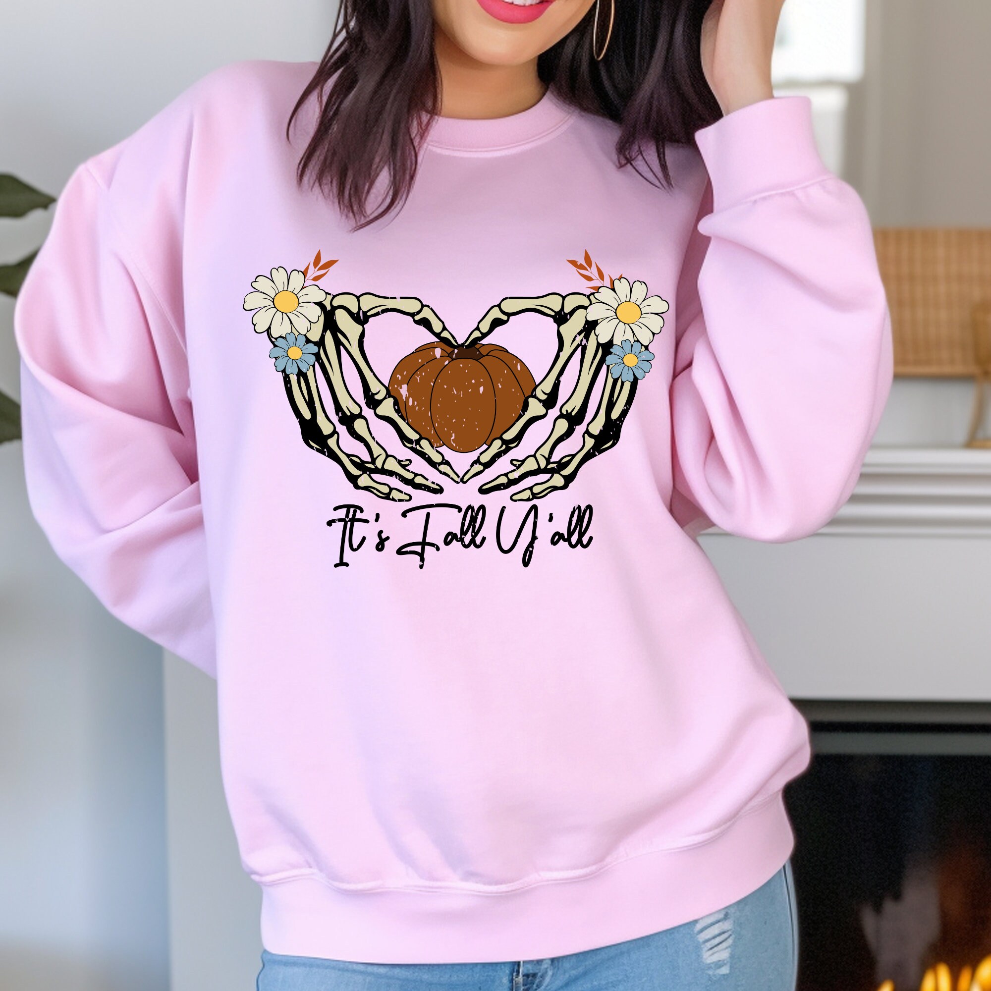 Discover Pumpkin Skeleton Hands Sweatshirt, Retro Fall Fashion, Halloween Gift, It's Fall Y'all, Comfy Cozy Fall Apparel, Tis The Season, Funny Teach