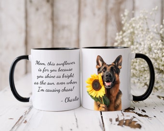 Personalized German Shepherd Mom Mug: Sunflower Design, Custom Dog Name