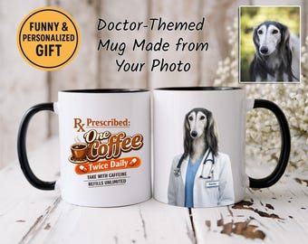 Custom Female Dog Doctor Mug from Your Photo - Rx Prescribed One Coffee Twice Daily - Personalized Pet Portrait Gift for Dog Mom, Vet, Nurse