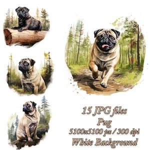 Pug Watercolor Clipart Bundle: Dog Lover Art (JPG Files)
