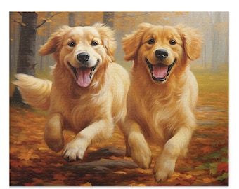 May include: Two golden retriever dogs running through a forest with autumn leaves on the ground.
