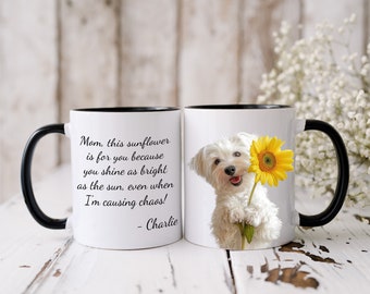 Personalized Maltese Dog Mom Mug: Sunflower Design, Custom Name (11oz & 15oz)