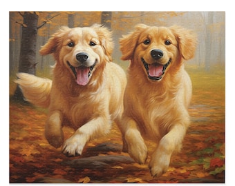 May include: Two golden retriever dogs running through a forest with fallen autumn leaves. The dogs are both smiling and have their tongues out. The background is a blurry forest with trees and leaves.