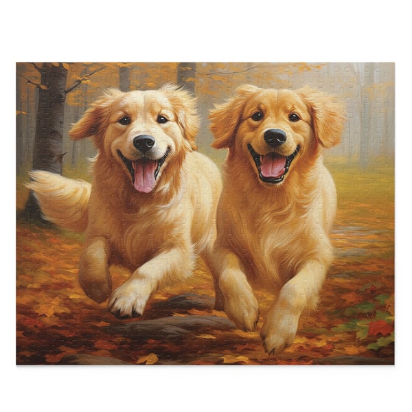 Golden Retrievers in Autumn Park Jigsaw Puzzle for Kids and Adults. Realistic painting. 120-500 pieces. Dogs in the forest. Dog lovers gift