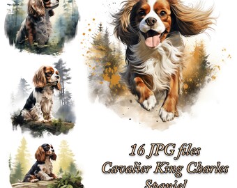 Watercolor Cavalier King Charles Spaniel Clipart Bundle (JPG)