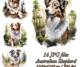 Watercolor Australian Shepherd Clipart: Dog Sublimation Designs (JPG Digital Files)