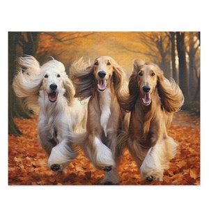 Afghan Hound Dogs Jigsaw Puzzle: Autumn Park Painting, Dog Lover Gift