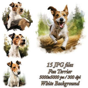Pack de cliparts Fox Terrier, conception de sublimation de chien, Pack de cliparts JPG aquarelle Fox Terrier, Fox Terrier Sublimation Bundle, Terrier en forêt