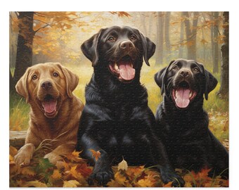 May include: Three Labrador Retrievers, one brown and two black, are sitting in a forest setting. The dogs are smiling and looking at the camera. The background is a blurred image of trees and leaves.