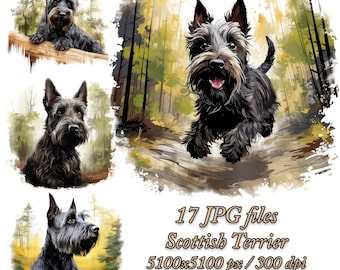 Scottish Terrier Watercolor Clipart: Dog Sublimation Pack (JPG Files)