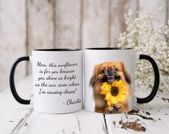 Personalized Pekingese Mom Mug: Sunflower Dog Design, Custom Name