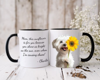 Personalized Maltese Mom Mug: Sunflower Dog Design, Custom Name