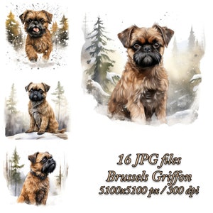 Pacchetto Clipart Griffon di Bruxelles / Design sublimazione del cane / Clipart acquerello cane Griffon di Bruxelles JPG / Clipart Griffon di Bruxelles invernale