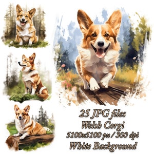 Welsh Corgis Clipart-Pack, Hund Sublimationspaket, Welsh Corgis Aquarell Clipart JPG Pack, Welsh Corgis Sublimationspaket, walisischer Corgiswald