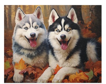May include: Two Siberian Husky puppies with blue eyes and white, black, and gray fur are sitting in a pile of autumn leaves. The puppies are looking at the camera and have their tongues sticking out.