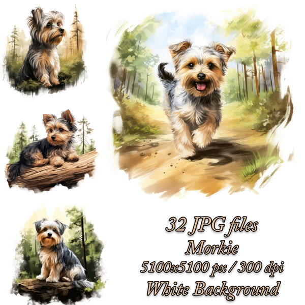 Morkie Clipart Pack, Dog Sublimation Pack, Morkie Watercolor Clipart JPG Pack, Morkie Sublimation Bundle, Morkie Dog in the Forest Clipart