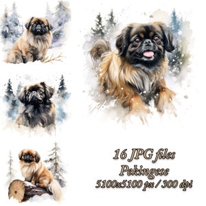 Pekingese Dog Watercolor Clipart Bundle: Winter Forest Designs (JPG Files)