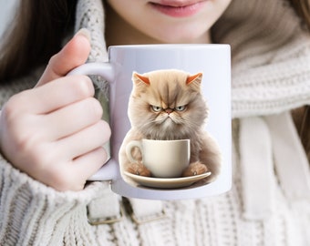 Persian cat mug, 11oz & 15oz, Angry cat, Morning cat, Funny cat mug, Cat lovers gift, Persian cat lovers gift, cat drinking coffee