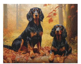 Gordon Setter Dogs Jigsaw Puzzle: Autumn Park Painting