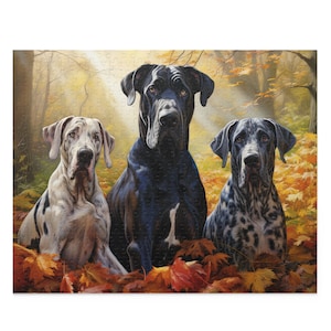 Great Dane dogs in Autumn Park Jigsaw Puzzle for Kids and Adults. Realistic painting. 120 - 500. Dogs in the forest. Dog lovers gift