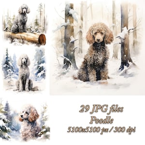 Watercolor Poodle Dog Clipart: Winter Forest Designs (JPG Files)