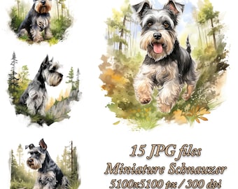 Miniature Schnauzer Watercolor Clipart: Dog Sublimation Designs (JPG)