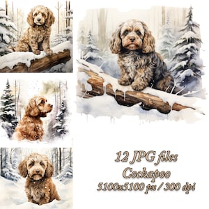 May include: A set of 12 digital images featuring a brown and white Cockapoo dog in a snowy winter forest setting. The dog is depicted in various poses, including sitting on a log and standing in the snow. The images are high-resolution, measuring 5100 x 5100 pixels at 300 dpi.