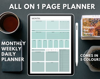 All On One Page 2024 Undated Monthly Weekly Daily Planner Page | 1 Page Simple Planner | Adhd Digital Goodnotes Printable Planner