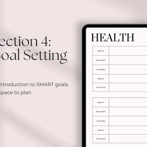 May include: A digital planner page with the title "HEALTH" and a section for goal setting. The page includes a table with columns for "Specific", "Measurable", "Achievable", "Realistic", and "Time bound".