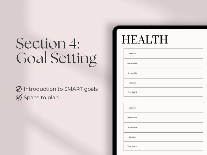 May include: A digital planner page with the title "HEALTH" and a section for goal setting. The page includes a table with columns for "Specific", "Measurable", "Achievable", "Realistic", and "Time bound".