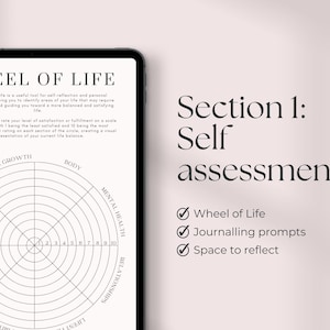 May include: A black and white printable wheel of life worksheet with a circle divided into 10 sections. Each section is labeled with a different area of life, such as personal growth, body, mental health, relationships, money, work, and values. The worksheet includes a section for self-assessment with the text "Section 1: Self assessment" and a checklist with the items "Wheel of Life", "Journaling prompts", and "Space to reflect".