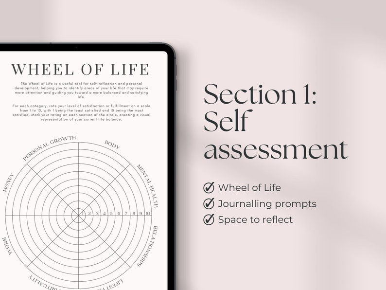 May include: A black and white printable wheel of life worksheet with a circle divided into 10 sections. Each section is labeled with a different area of life, such as personal growth, body, mental health, relationships, money, work, and values. The worksheet includes a section for self-assessment with the text "Section 1: Self assessment" and a checklist with the items "Wheel of Life", "Journaling prompts", and "Space to reflect".