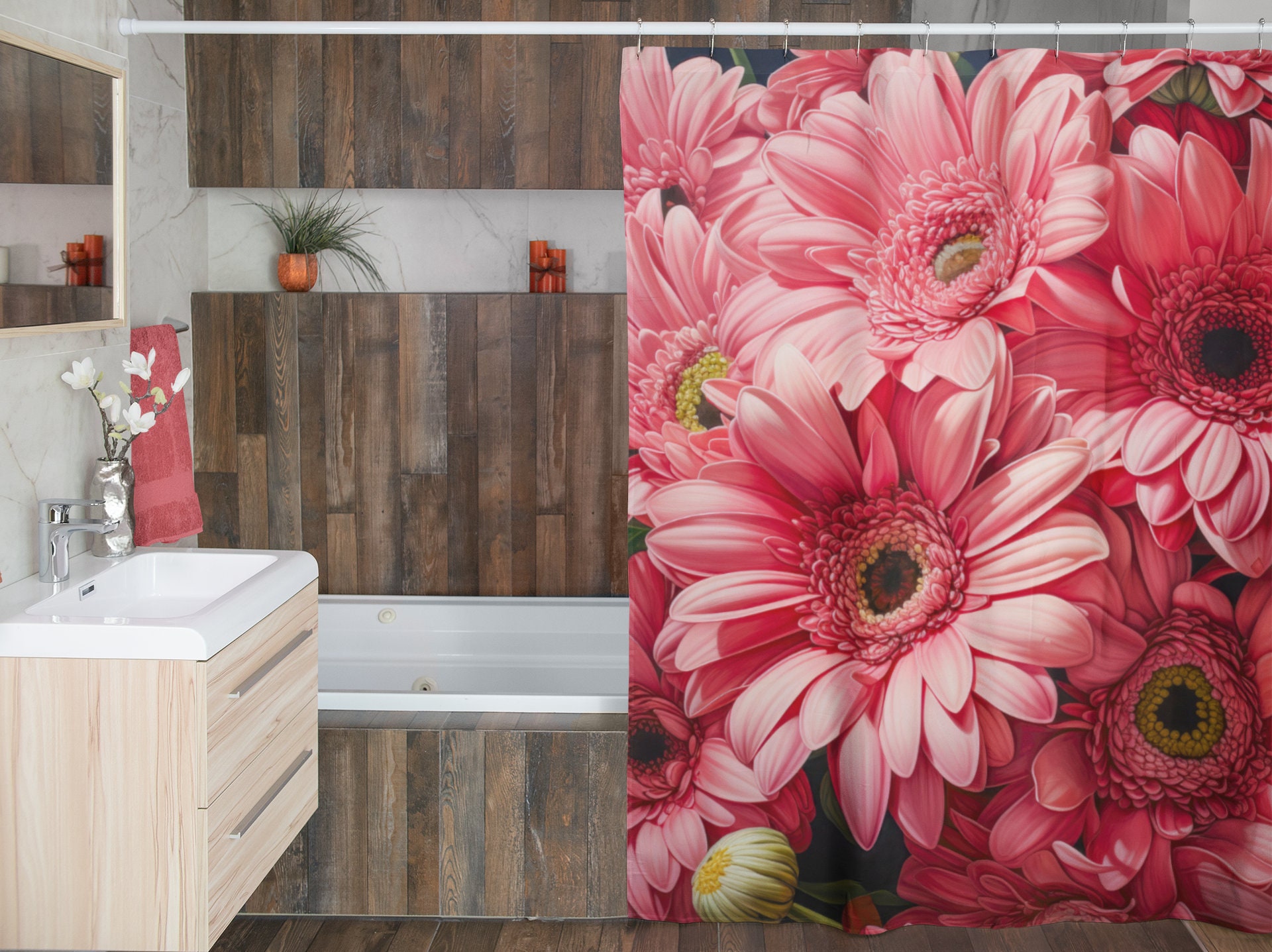 Polyester Shower Curtain Photorealistic Gerbera Daisies Etsy