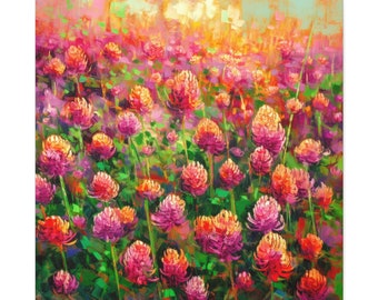 Matte Canvas, Stretched, 1.25" - Vibrant Red Clover Impressionist Canvas, Vermont State Flower Art, Colorful Countryside Wall Decor