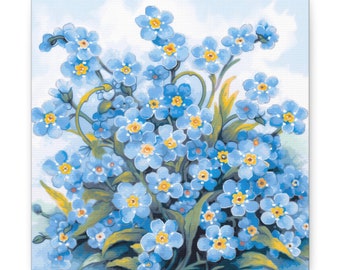 Puede incluir: Un ramo de flores azules nomeolvides con centros amarillos, dispuestas en un ramo con hojas verdes sobre un fondo azul claro.