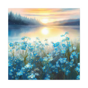 Mat canvas, uitgerekt, 1,25&quot; - romantische pastelmuurkunst, vergeet-mij-niet bloemen bij Alaskan Lake bij zonsondergang, Alaska State Flower Home Decor